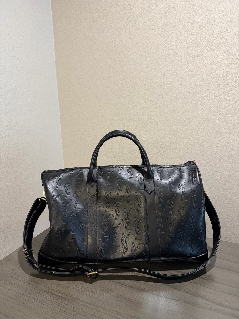 Saint Laurent YSL Black Embossed Leather Duffel Bag
